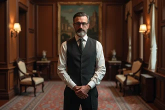 Homme d'âge moyen en portrait dans un manoir ancien