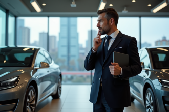 Homme d'affaires compare deux voitures électriques modernes