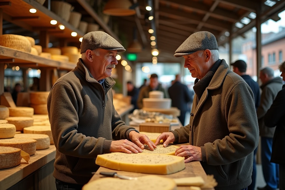 Deux hommes âgés discutant de fromages dans un marché intérieur