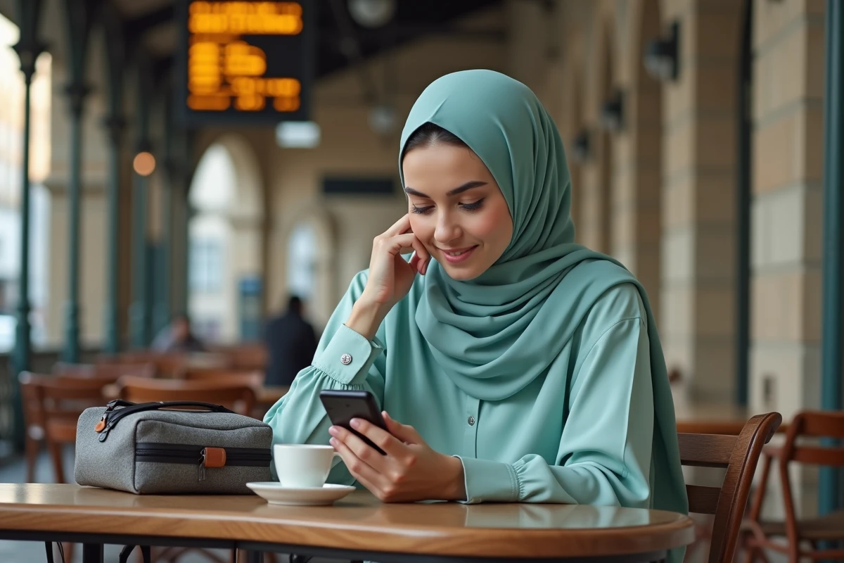Femme consultant les horaires de prière sur smartphone dans une gare française pendant un voyage