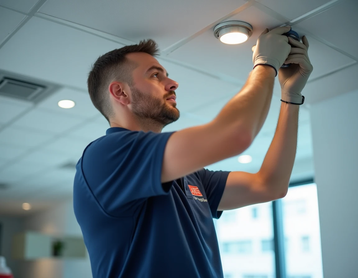 Technicien Hug Electricite installant des spots LED encastrés dans un bureau moderne en Corrèze
