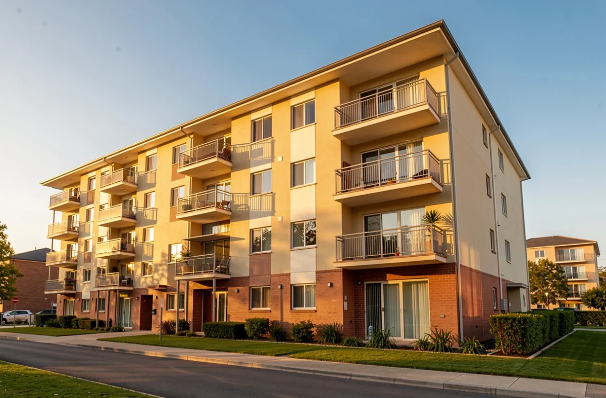 Immeuble d'habitation collectif avec balcons au soleil couchant