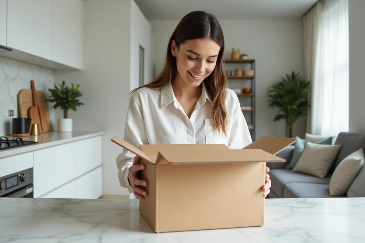 Influenceuse déballant un colis de placement de produit sponsorisé dans une cuisine moderne