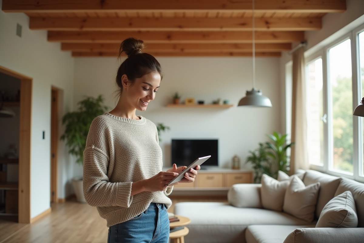Jeune femme dans salon écologique examine une tablette