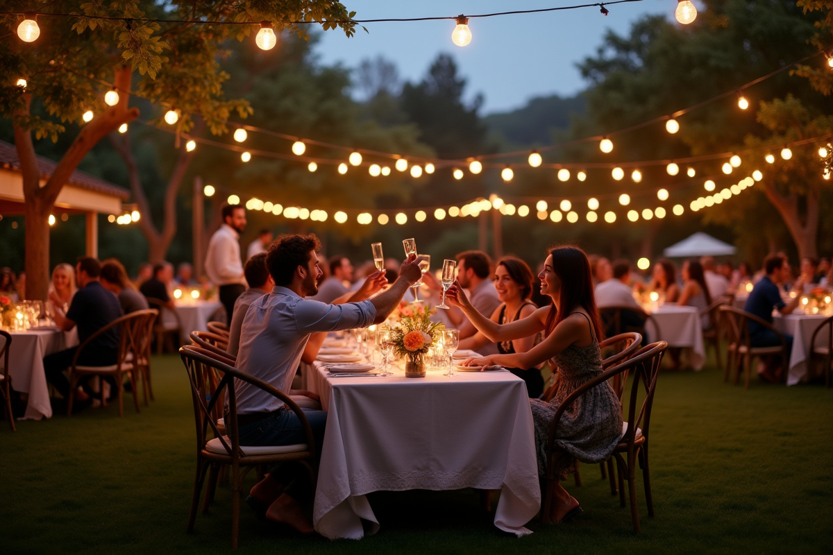 Fête en plein air au crépuscule avec musique et lumières