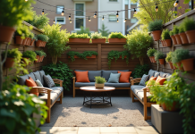 Petit jardin urbain avec planters et lumières douces