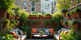 Petit jardin urbain avec planters et lumières douces