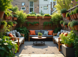 Petit jardin urbain avec planters et lumières douces