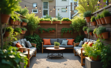 Idées futées pour aménager un jardin petit Petit jardin urbain avec planters et lumières douces