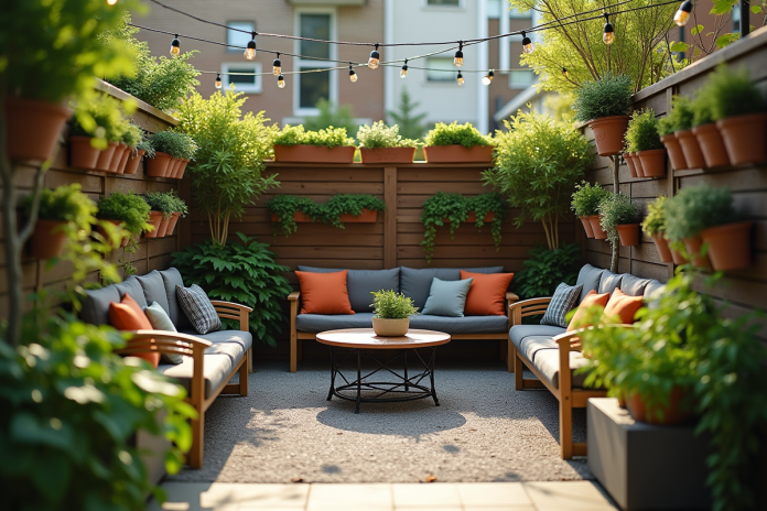 Petit jardin urbain avec planters et lumières douces