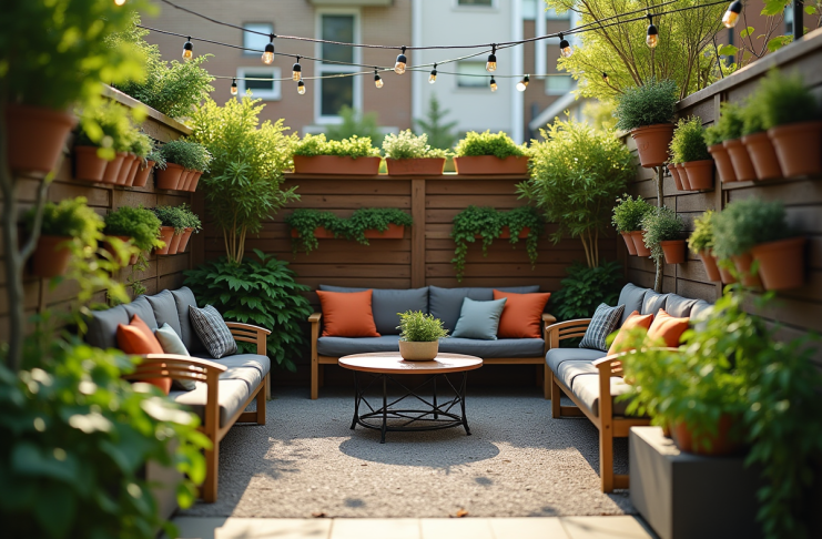 Petit jardin urbain avec planters et lumières douces