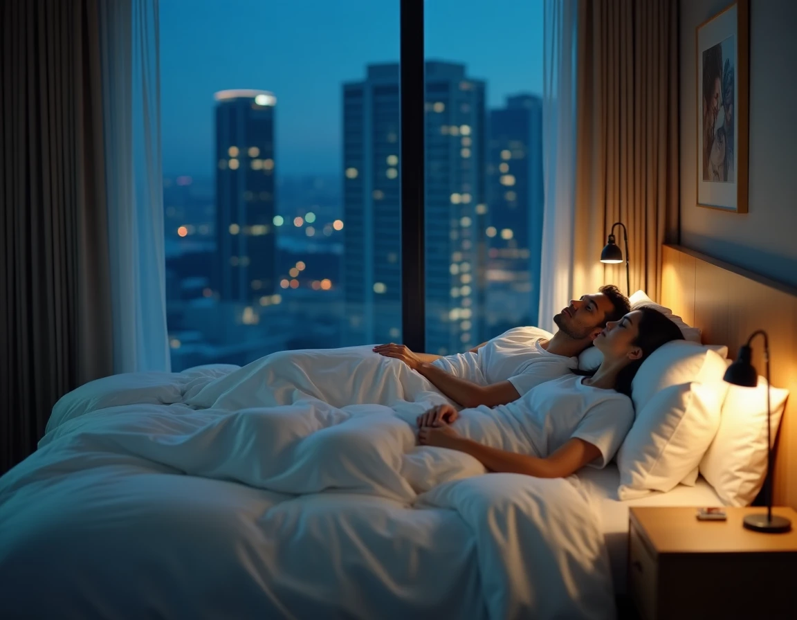 Couple souffrant de jet lag dans une chambre d'hôtel à Singapour avec réveil affichant l'heure locale en pleine nuit