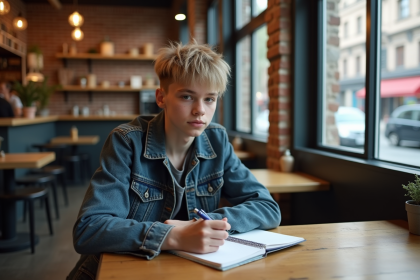 Jeune adulte en streetwear dans un café moderne