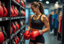 Comment trouver la taille idéale de gant de boxe pour votre niveau ? Jeune femme souriante essayant des gants de boxe rouges