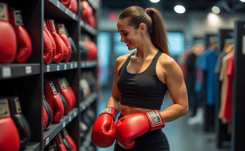 Comment trouver la taille idéale de gant de boxe pour votre niveau ? Jeune femme souriante essayant des gants de boxe rouges