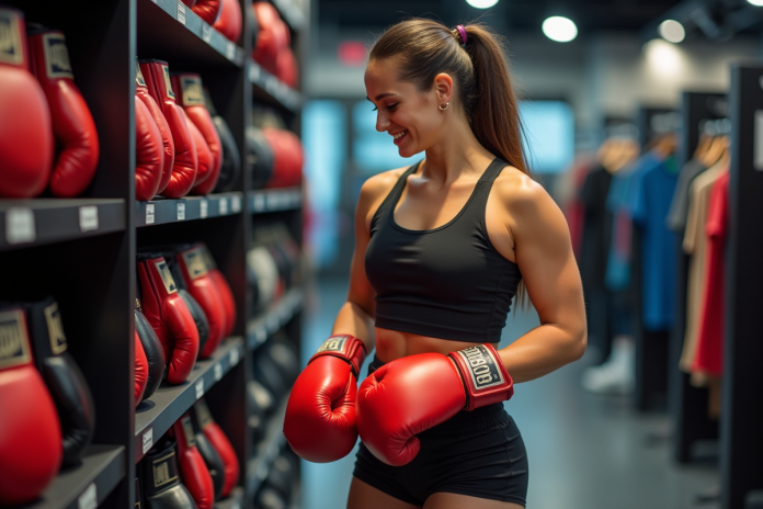 jeune-femme-boxe-gloves Jeune femme souriante essayant des gants de boxe rouges
