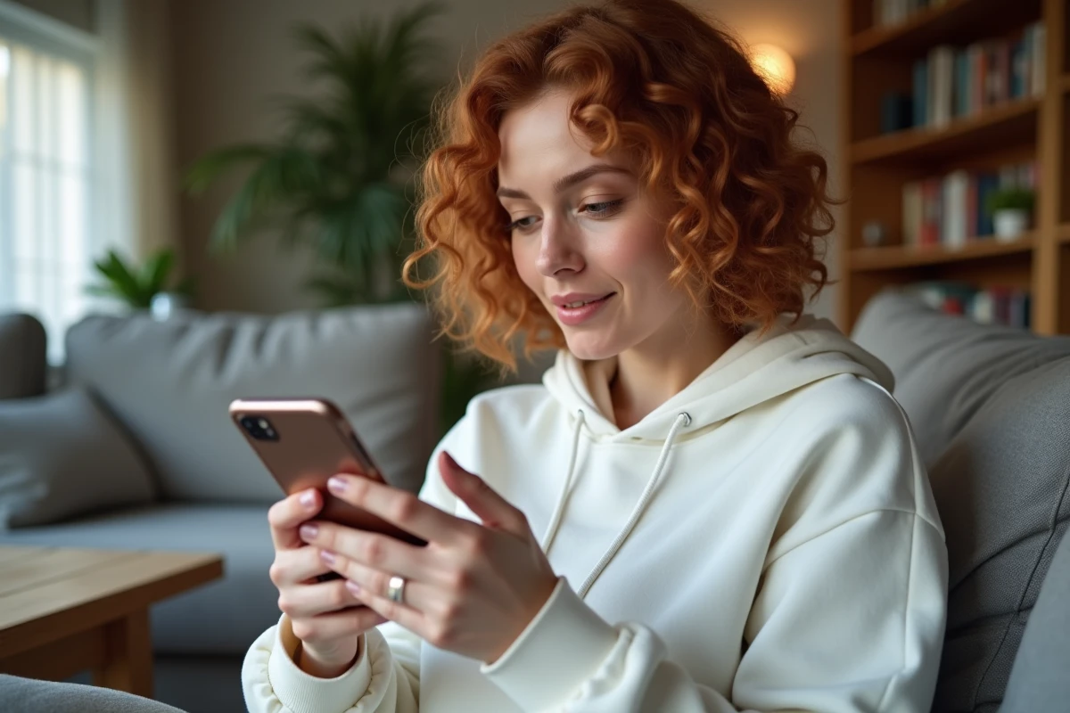 Jeune femme lisant les conditions d'utilisation d'un code promo Carrefour Drive sur son smartphone chez elle