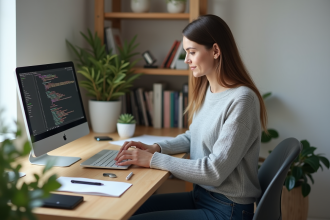 Jeune femme en home office avec code sur l'écran