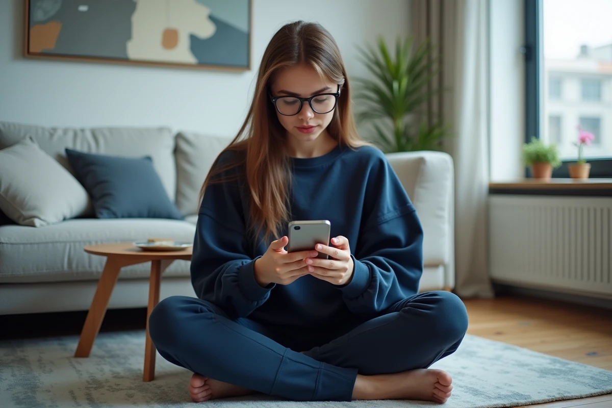 Jeune femme lisant des discussions archivées du forum 18-25 JVC sur son smartphone dans un appartement moderne