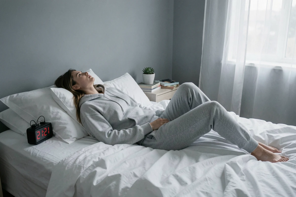 Jeune femme allongée sur son lit contemplant un réveil numérique indiquant 21h21