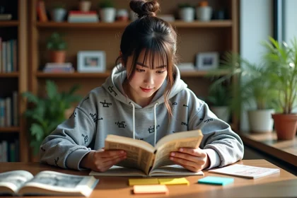 Jeune femme lisant un manga dans un appartement cosy