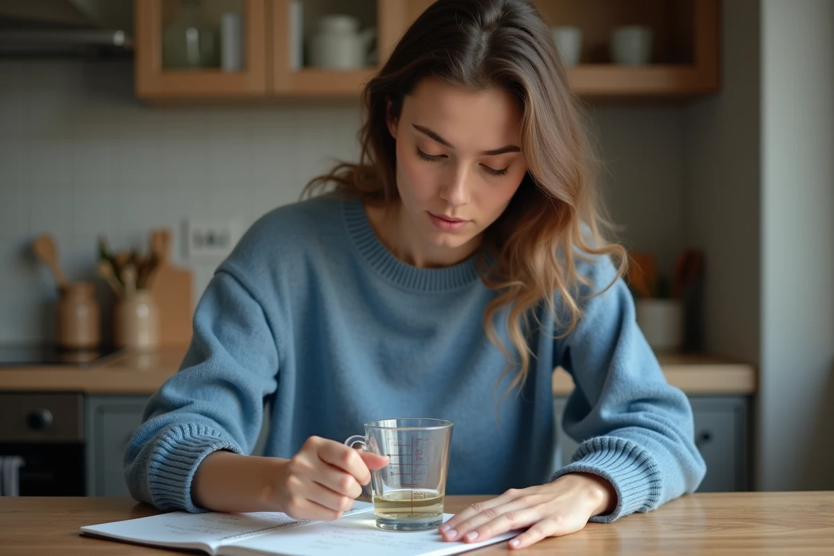Jeune femme en cuisine mesurant un liquide avec un verre doseur