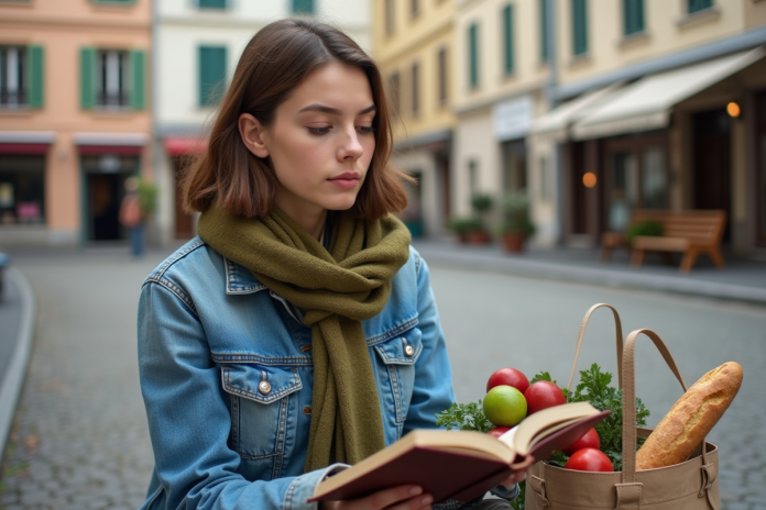 jeune-femme-park-bench Jeune femme en denim et écharpe dans un parc français