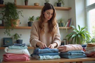 Jeune femme plie des vêtements colorés dans un salon lumineux