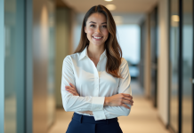 Jeune femme professionnelle en bureau moderne ajustant sa blouse