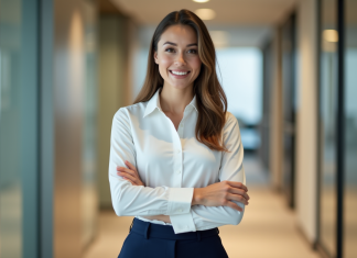 Hygiène vestimentaire : pourquoi est-elle importante pour votre image ? Jeune femme professionnelle en bureau moderne ajustant sa blouse