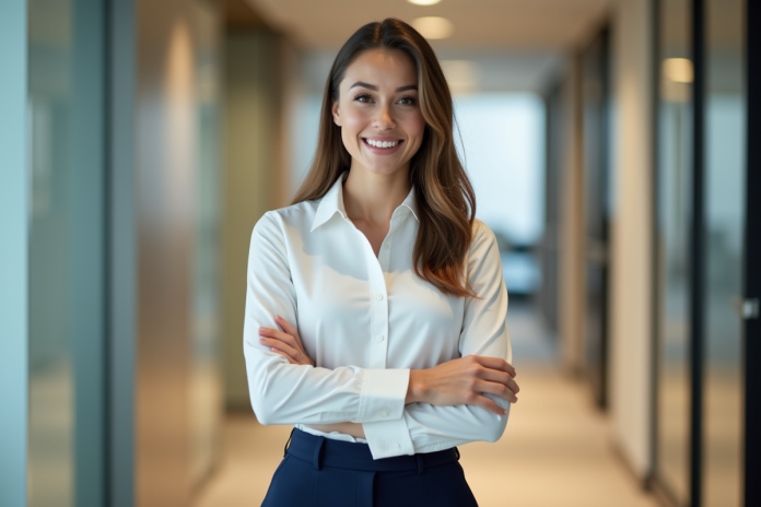 Jeune femme professionnelle en bureau moderne ajustant sa blouse