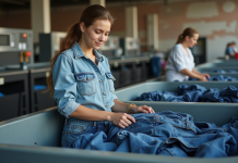 Économie circulaire : H&M, exemple d’entreprise engagée pour l’environnement ? Jeune femme pliant du denim dans une usine de recyclage textile