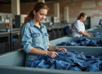 Économie circulaire : H&M, exemple d’entreprise engagée pour l’environnement ? Jeune femme pliant du denim dans une usine de recyclage textile