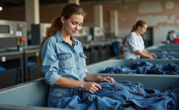 Économie circulaire : H&M, exemple d’entreprise engagée pour l’environnement ? Jeune femme pliant du denim dans une usine de recyclage textile