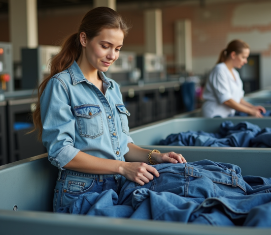 Économie circulaire : H&M, exemple d’entreprise engagée pour l’environnement ? Jeune femme pliant du denim dans une usine de recyclage textile