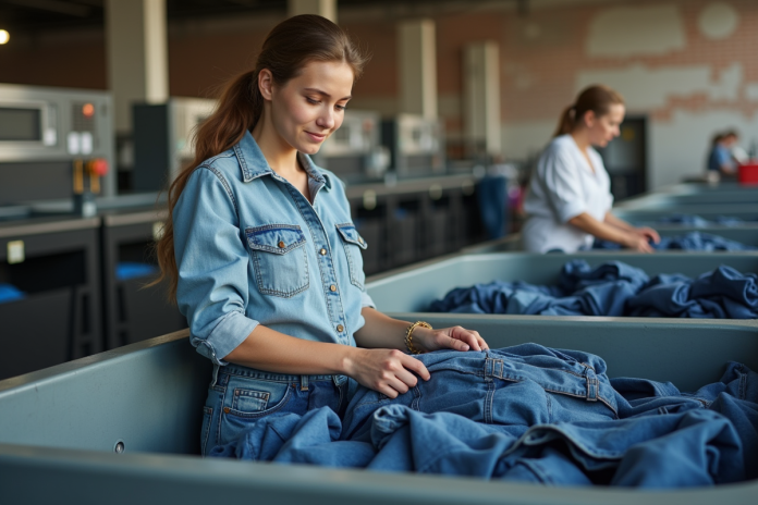Jeune femme pliant du denim dans une usine de recyclage textile