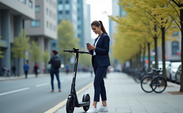 Jeune femme en costume bleu avec sneakers déverrouillant un scooter électrique en ville
