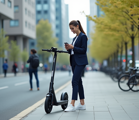 Mobilités : les nouveaux paradigmes à découvrir en 2025 ! Jeune femme en costume bleu avec sneakers déverrouillant un scooter électrique en ville