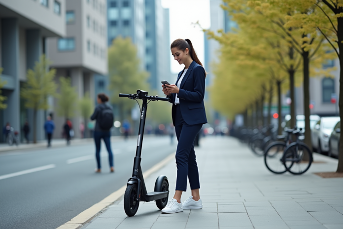 Jeune femme en costume bleu avec sneakers déverrouillant un scooter électrique en ville
