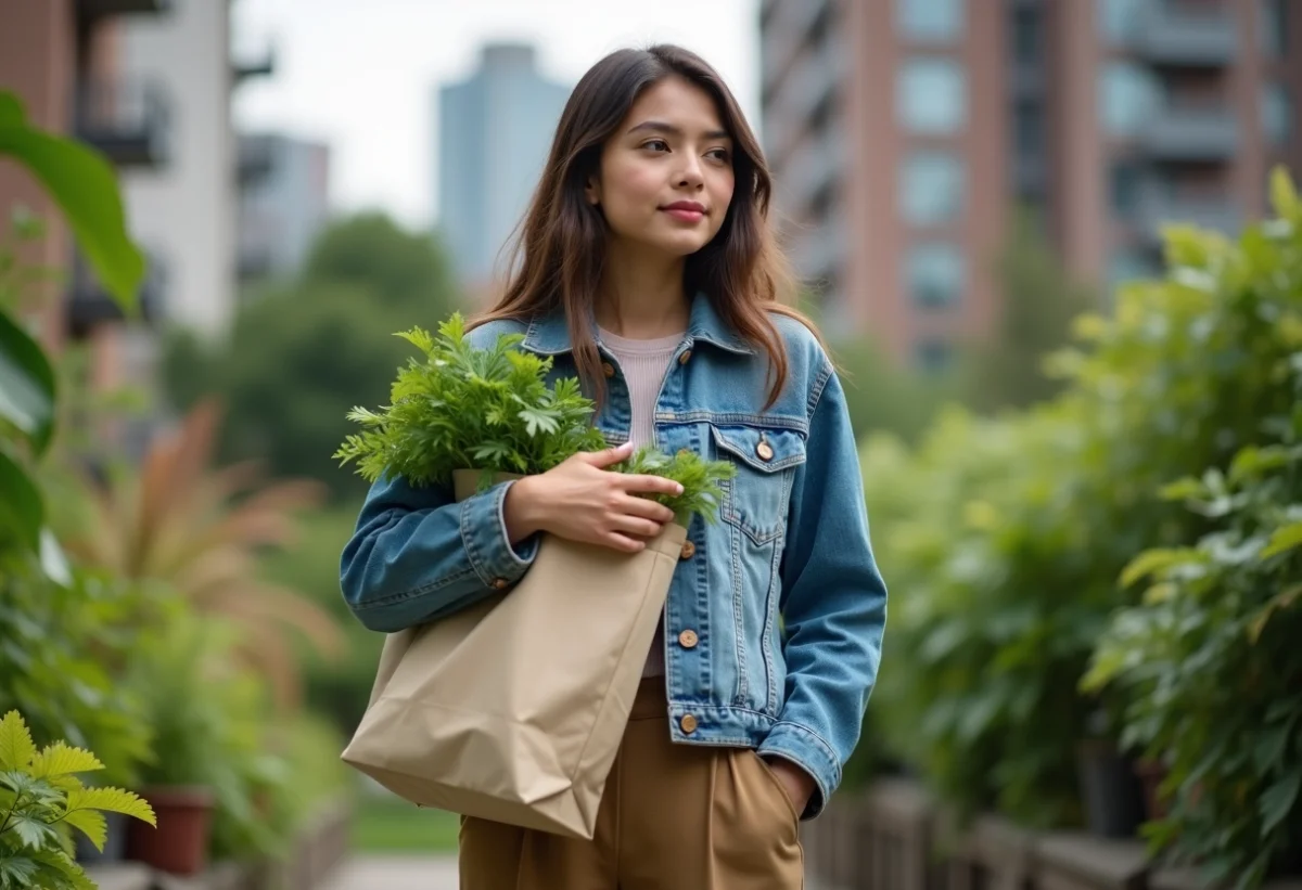 Jeune femme en denim upcyclé dans un jardin urbain