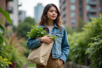 Jeune femme en denim upcyclé dans un jardin urbain