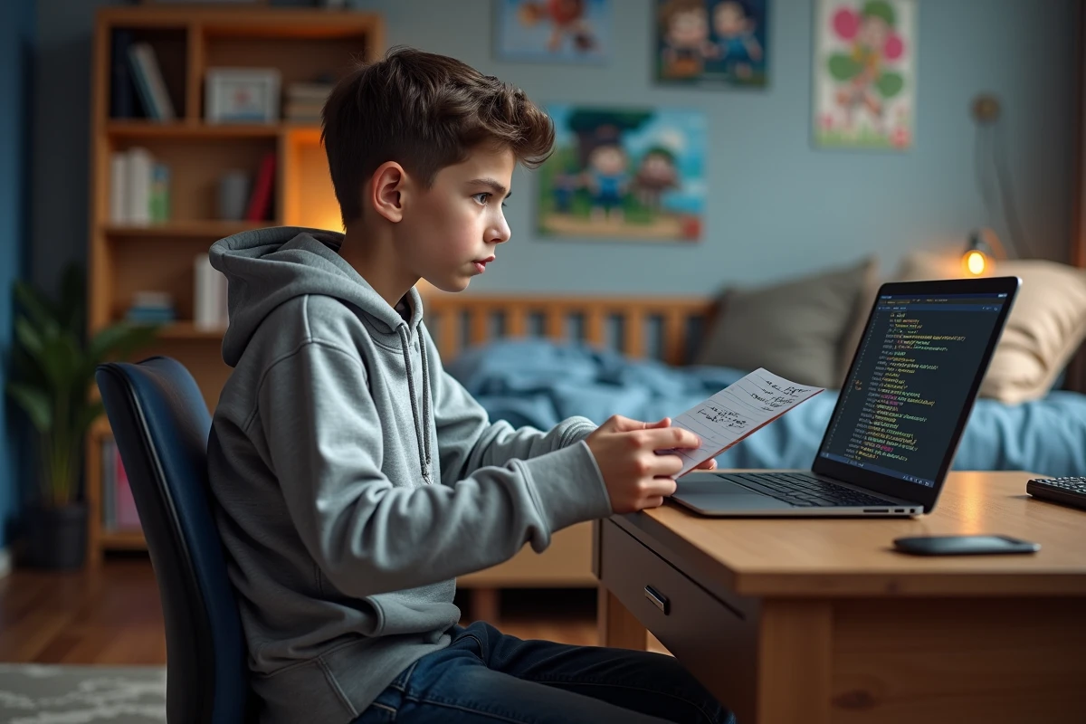 Adolescent frustré devant son ordinateur portable dans sa chambre gamer