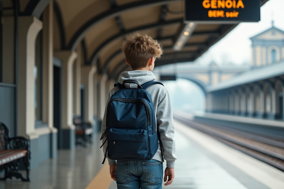 Jeune garçon à la gare de Gênes avec sac à dos