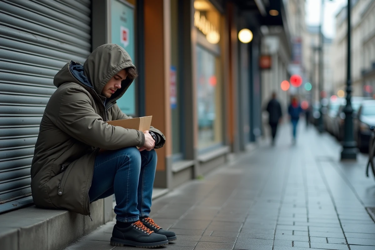 Jeune homme assis dehors devant un magasin de colis fermé