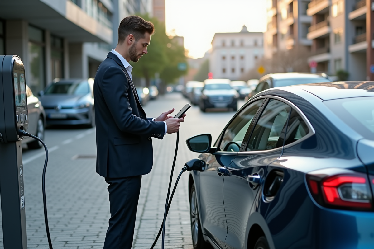 Jeune homme en costume utilisant une borne de recharge en ville