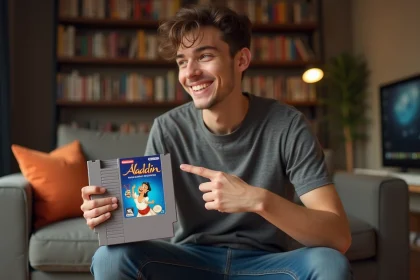 Jeune homme tenant une cartouche de jeu Aladdin nostalgique