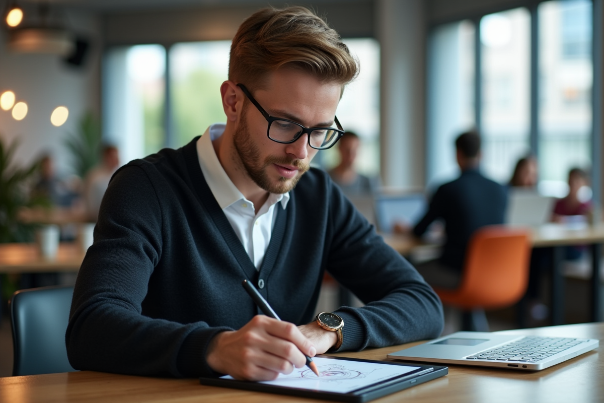 Jeune homme travaillant sur une tablette dans un espace coworking dynamique