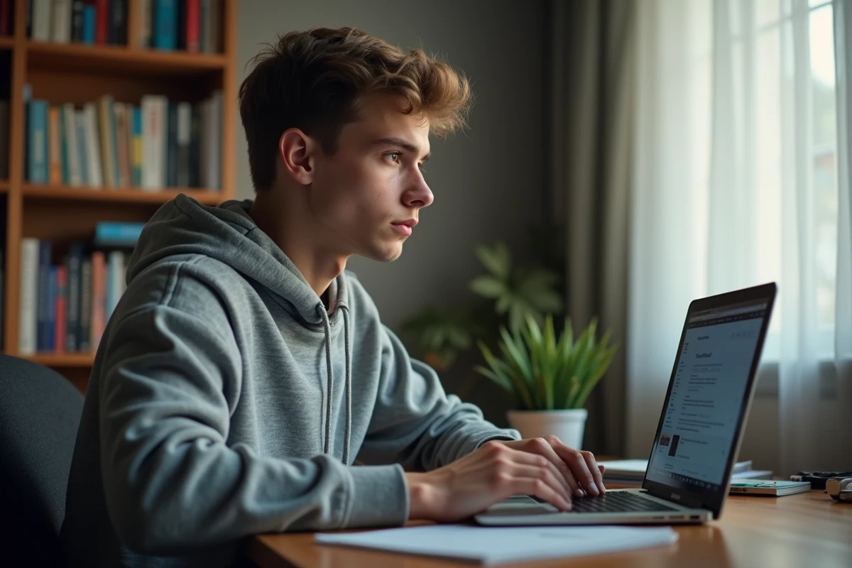 Jeune homme consultant les archives du forum 18-25 de JVC sur son ordinateur portable dans sa chambre d'étudiant