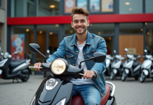 Guide d’achat : trouvez votre scooter 50 cm³ neuf à prix avantageux Jeune homme souriant avec scooter en ville