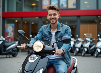 Guide d’achat : trouvez votre scooter 50 cm³ neuf à prix avantageux Jeune homme souriant avec scooter en ville